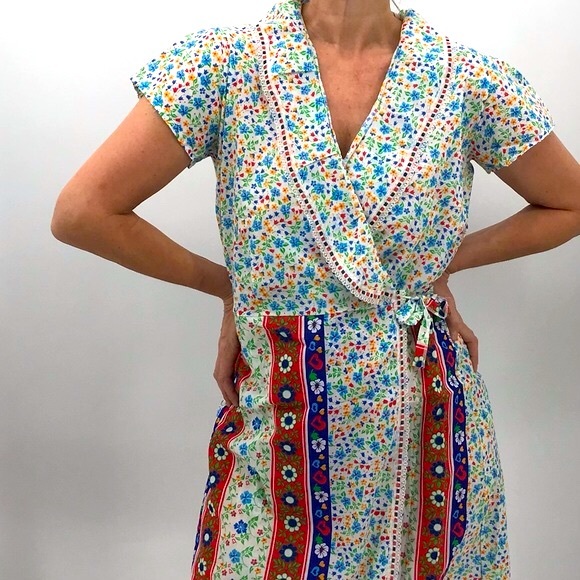 Vintage Dresses & Skirts - Vintage 70’s Patchwork Floral Praire Boho Ruffle Lace Satin Wrap Dress